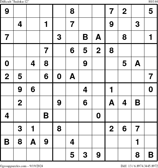 The grouppuzzles.com Difficult Sudoku-12 puzzle for Thursday September 19, 2024