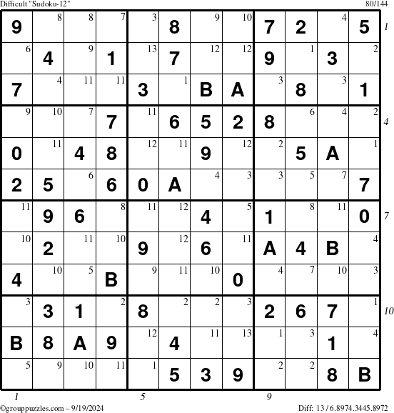 The grouppuzzles.com Difficult Sudoku-12 puzzle for Thursday September 19, 2024, suitable for printing, with all 13 steps marked