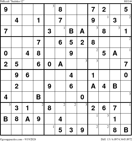 The grouppuzzles.com Difficult Sudoku-12 puzzle for Thursday September 19, 2024 with the first 3 steps marked