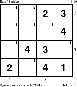 The grouppuzzles.com Easy Sudoku-4 puzzle for Thursday January 29, 2026 with all 2 steps marked