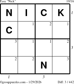The grouppuzzles.com Easy Nick puzzle for Thursday January 29, 2026 with all 3 steps marked