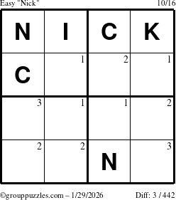 The grouppuzzles.com Easy Nick puzzle for Thursday January 29, 2026 with the first 3 steps marked