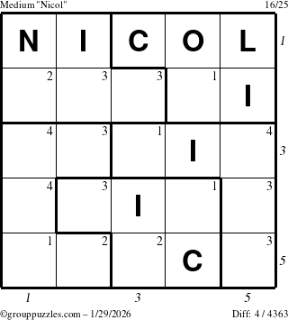 The grouppuzzles.com Medium Nicol puzzle for Thursday January 29, 2026 with all 4 steps marked
