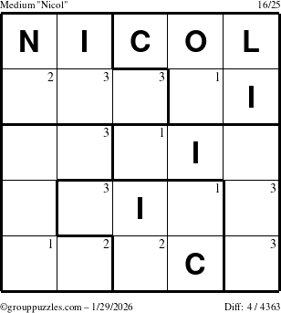 The grouppuzzles.com Medium Nicol puzzle for Thursday January 29, 2026 with the first 3 steps marked