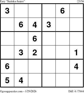 The grouppuzzles.com Easy Sudoku-Junior puzzle for Thursday January 29, 2026