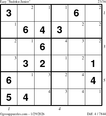 The grouppuzzles.com Easy Sudoku-Junior puzzle for Thursday January 29, 2026 with all 4 steps marked