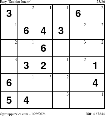 The grouppuzzles.com Easy Sudoku-Junior puzzle for Thursday January 29, 2026 with the first 3 steps marked