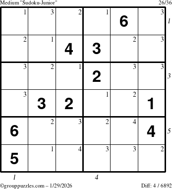 The grouppuzzles.com Medium Sudoku-Junior puzzle for Thursday January 29, 2026, suitable for printing, with all 4 steps marked