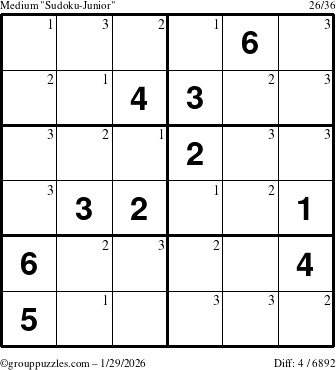 The grouppuzzles.com Medium Sudoku-Junior puzzle for Thursday January 29, 2026 with the first 3 steps marked