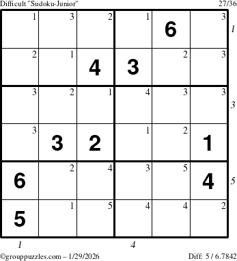 The grouppuzzles.com Difficult Sudoku-Junior puzzle for Thursday January 29, 2026 with all 5 steps marked