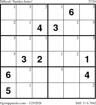 The grouppuzzles.com Difficult Sudoku-Junior puzzle for Thursday January 29, 2026 with the first 3 steps marked