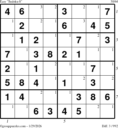 The grouppuzzles.com Easy Sudoku-8 puzzle for Thursday January 29, 2026, suitable for printing, with all 3 steps marked