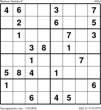 The grouppuzzles.com Medium Sudoku-8 puzzle for Thursday January 29, 2026