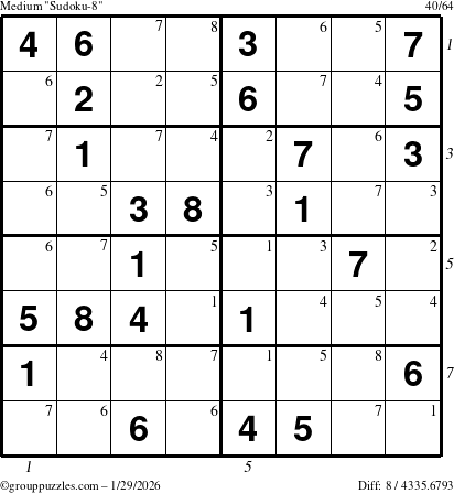 The grouppuzzles.com Medium Sudoku-8 puzzle for Thursday January 29, 2026 with all 8 steps marked