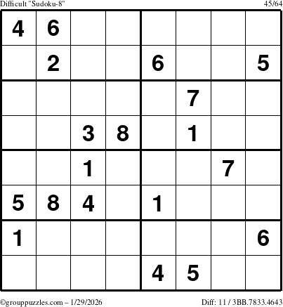 The grouppuzzles.com Difficult Sudoku-8 puzzle for Thursday January 29, 2026
