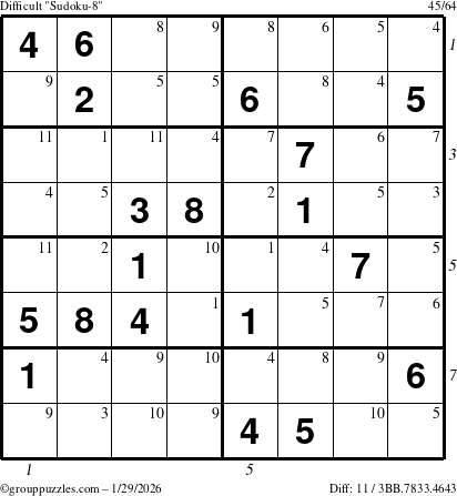 The grouppuzzles.com Difficult Sudoku-8 puzzle for Thursday January 29, 2026, suitable for printing, with all 11 steps marked