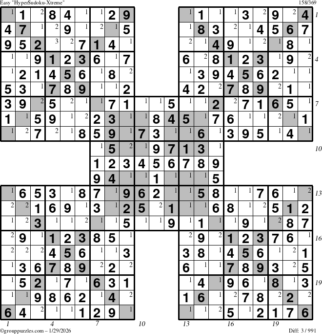 The grouppuzzles.com Easy cover-HyperXtreme puzzle for Thursday January 29, 2026, suitable for printing, with all 3 steps marked