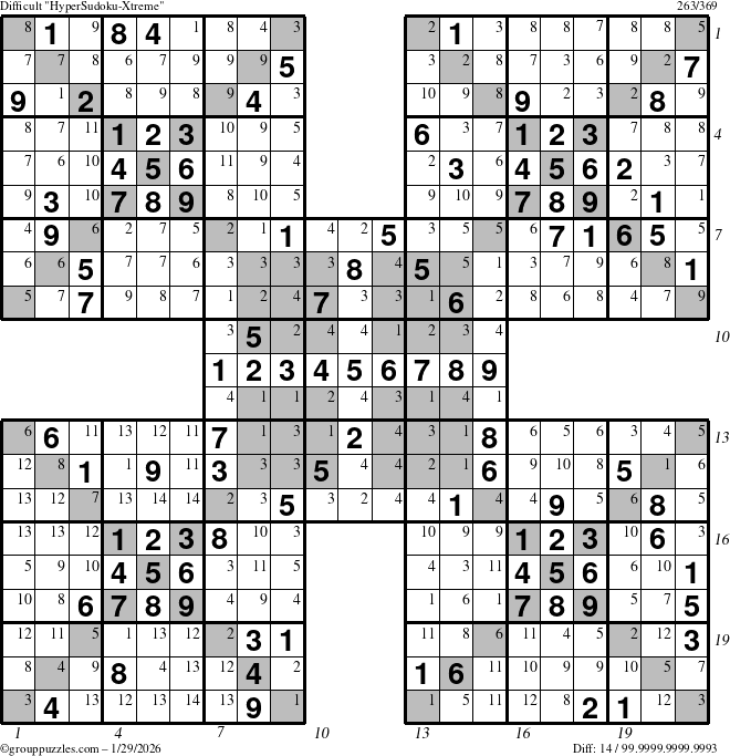 The grouppuzzles.com Difficult cover-HyperXtreme puzzle for Thursday January 29, 2026, suitable for printing, with all 14 steps marked