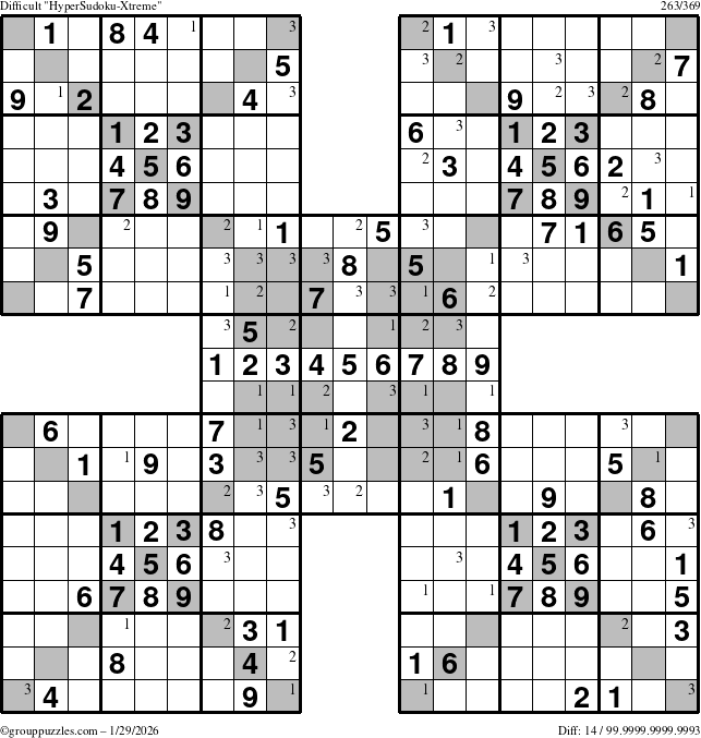 The grouppuzzles.com Difficult cover-HyperXtreme puzzle for Thursday January 29, 2026 with the first 3 steps marked
