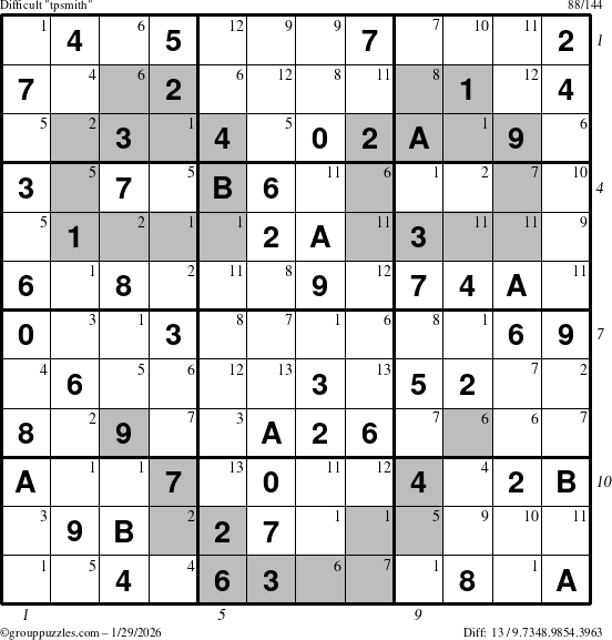 The grouppuzzles.com Difficult tpsmith puzzle for Thursday January 29, 2026, suitable for printing, with all 13 steps marked