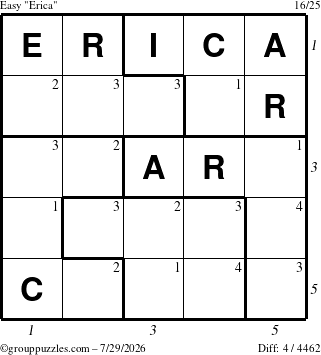 The grouppuzzles.com Easy Erica puzzle for Wednesday July 29, 2026, suitable for printing, with all 4 steps marked