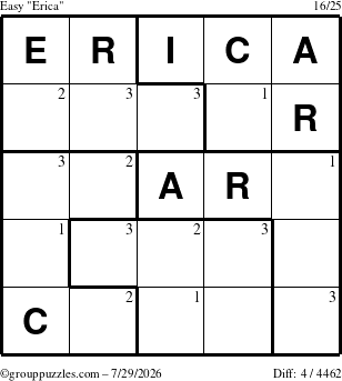 The grouppuzzles.com Easy Erica puzzle for Wednesday July 29, 2026 with the first 3 steps marked