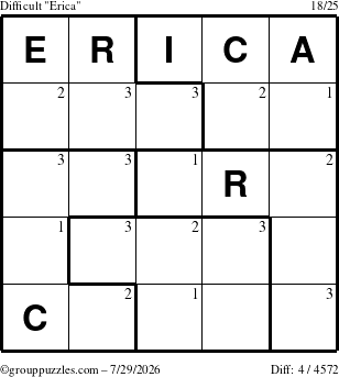 The grouppuzzles.com Difficult Erica puzzle for Wednesday July 29, 2026 with the first 3 steps marked