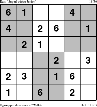 The grouppuzzles.com Easy SuperSudoku-Junior puzzle for Wednesday July 29, 2026