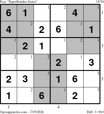 The grouppuzzles.com Easy SuperSudoku-Junior puzzle for Wednesday July 29, 2026 with all 3 steps marked