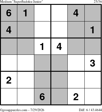 The grouppuzzles.com Medium SuperSudoku-Junior puzzle for Wednesday July 29, 2026