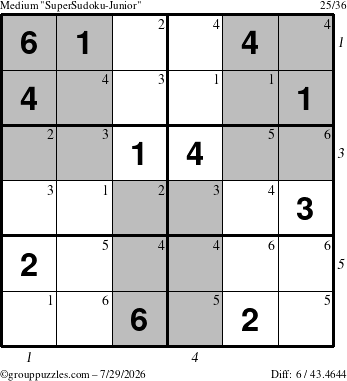 The grouppuzzles.com Medium SuperSudoku-Junior puzzle for Wednesday July 29, 2026 with all 6 steps marked