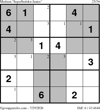 The grouppuzzles.com Medium SuperSudoku-Junior puzzle for Wednesday July 29, 2026 with the first 3 steps marked