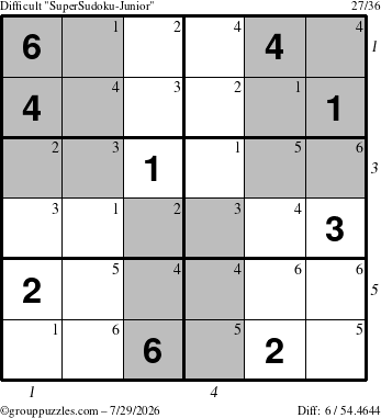 The grouppuzzles.com Difficult SuperSudoku-Junior puzzle for Wednesday July 29, 2026 with all 6 steps marked