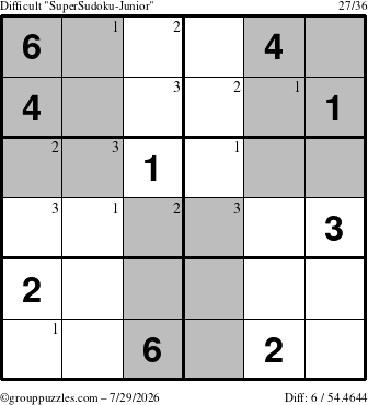 The grouppuzzles.com Difficult SuperSudoku-Junior puzzle for Wednesday July 29, 2026 with the first 3 steps marked