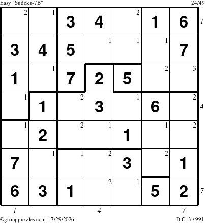 The grouppuzzles.com Easy Sudoku-7B puzzle for Wednesday July 29, 2026, suitable for printing, with all 3 steps marked
