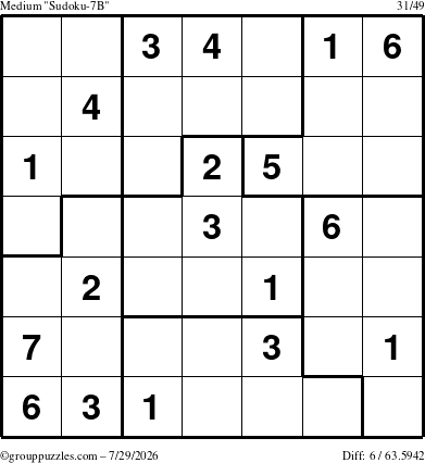 The grouppuzzles.com Medium Sudoku-7B puzzle for Wednesday July 29, 2026