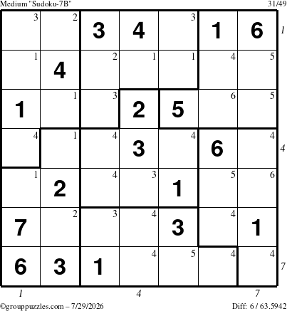 The grouppuzzles.com Medium Sudoku-7B puzzle for Wednesday July 29, 2026, suitable for printing, with all 6 steps marked