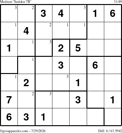 The grouppuzzles.com Medium Sudoku-7B puzzle for Wednesday July 29, 2026 with the first 3 steps marked