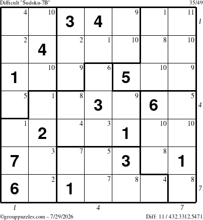 The grouppuzzles.com Difficult Sudoku-7B puzzle for Wednesday July 29, 2026 with all 11 steps marked