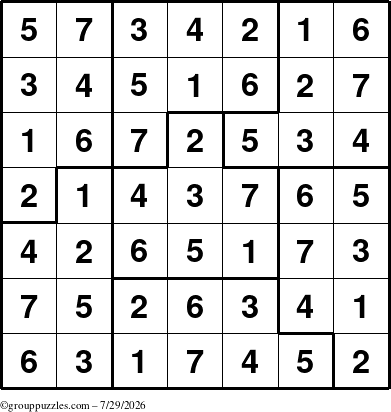 The grouppuzzles.com Answer grid for the Sudoku-7B puzzle for Wednesday July 29, 2026