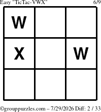 The grouppuzzles.com Easy TicTac-VWX puzzle for Wednesday July 29, 2026