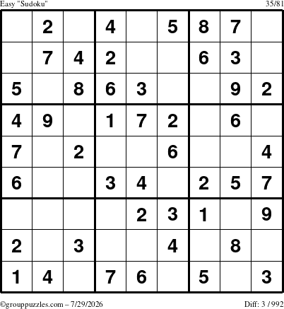 The grouppuzzles.com Easy Sudoku puzzle for Wednesday July 29, 2026
