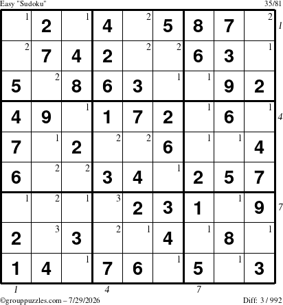 The grouppuzzles.com Easy Sudoku puzzle for Wednesday July 29, 2026, suitable for printing, with all 3 steps marked