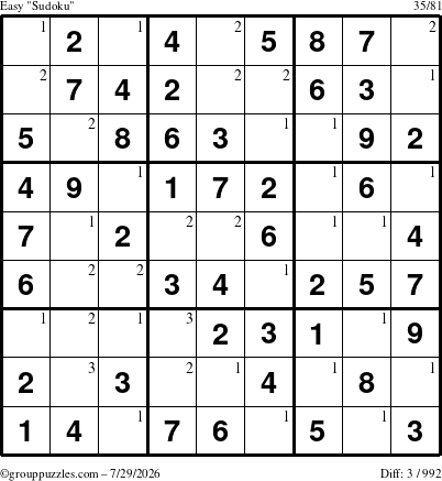 The grouppuzzles.com Easy Sudoku puzzle for Wednesday July 29, 2026 with the first 3 steps marked
