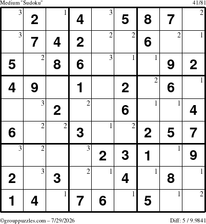 The grouppuzzles.com Medium Sudoku puzzle for Wednesday July 29, 2026 with the first 3 steps marked