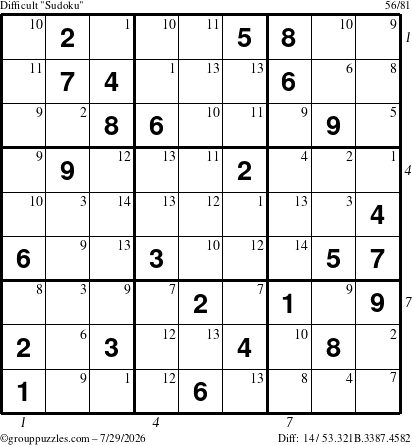 The grouppuzzles.com Difficult Sudoku puzzle for Wednesday July 29, 2026, suitable for printing, with all 14 steps marked