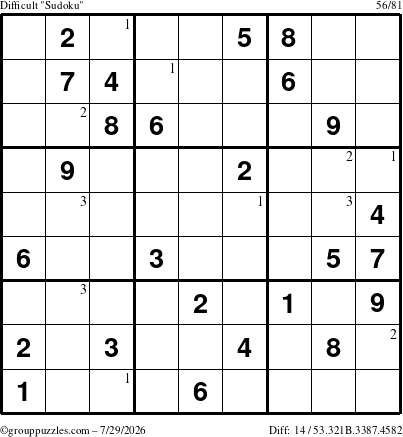 The grouppuzzles.com Difficult Sudoku puzzle for Wednesday July 29, 2026 with the first 3 steps marked