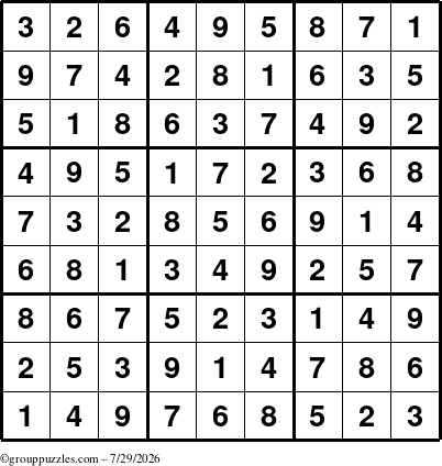 The grouppuzzles.com Answer grid for the Sudoku puzzle for Wednesday July 29, 2026