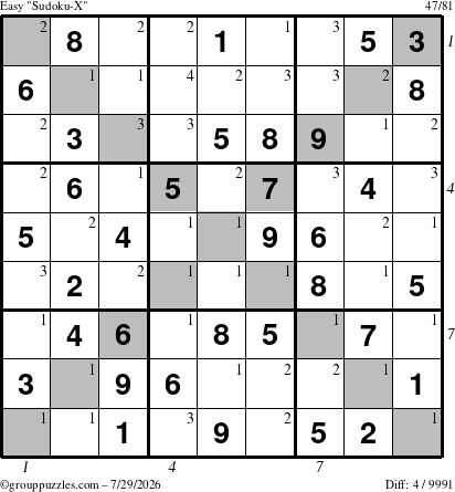 The grouppuzzles.com Easy Sudoku-X puzzle for Wednesday July 29, 2026, suitable for printing, with all 4 steps marked