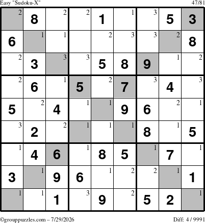 The grouppuzzles.com Easy Sudoku-X puzzle for Wednesday July 29, 2026 with the first 3 steps marked